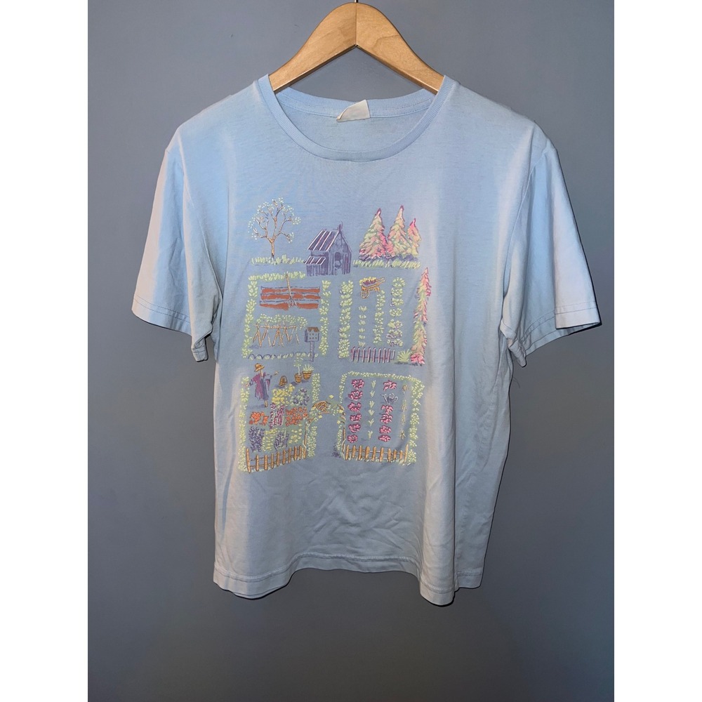 Bobbie Brooks Light Blue Garden Graphic T-Shirt Cottagecore Short Sleeve Tee